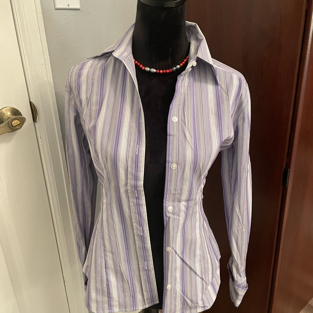 New York & Company Lavender Striped Button-Down Shirt Size XS